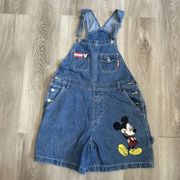 Disney Store Overall Shorts Womens Large Mickey Blue Denim Embroidery Vintage - Picture 1 of 11